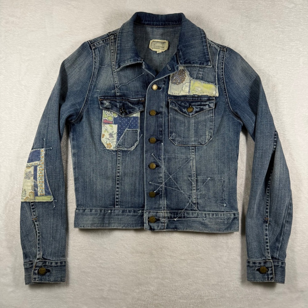Current Elliott The Tack Jacket Dirty Loved Hippie Patchwork Denim Blue Size 1